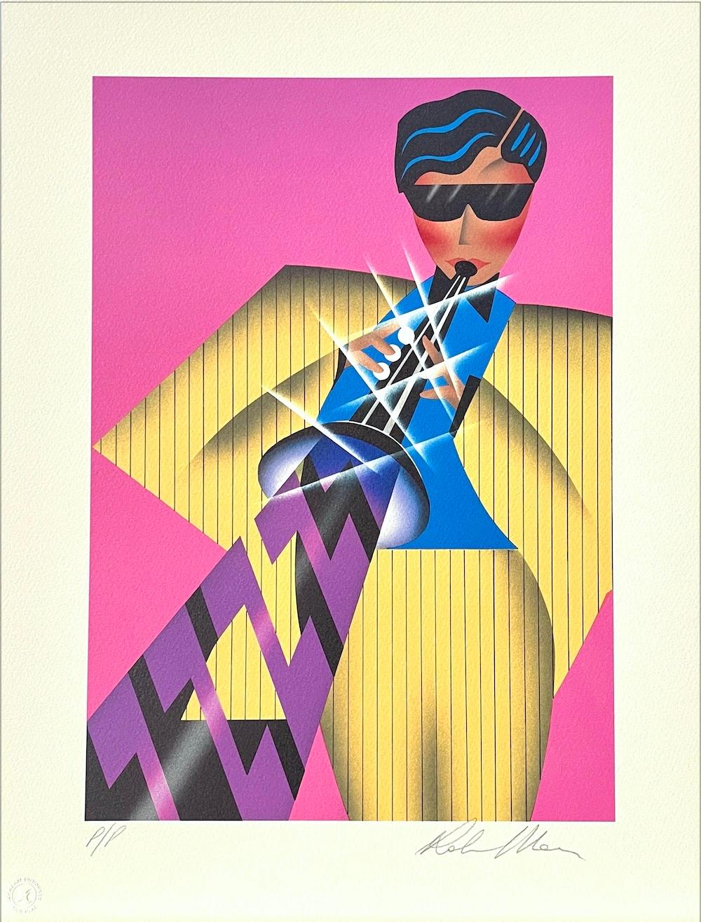 Robin Morris Figurative Print – CALYPSO Signierte Lithographie „Man Playing Clarinet“, Anzug mit gelben Pin-Streifen, Heißrosa