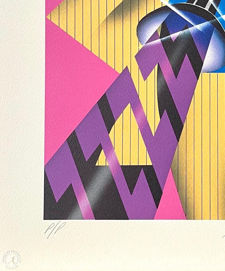 CALYPSO Signed Lithograph Man Playing Clarinet, Pin Stripe Suit, Yellow Hot Pink - Art Deco Print by Robin Morris