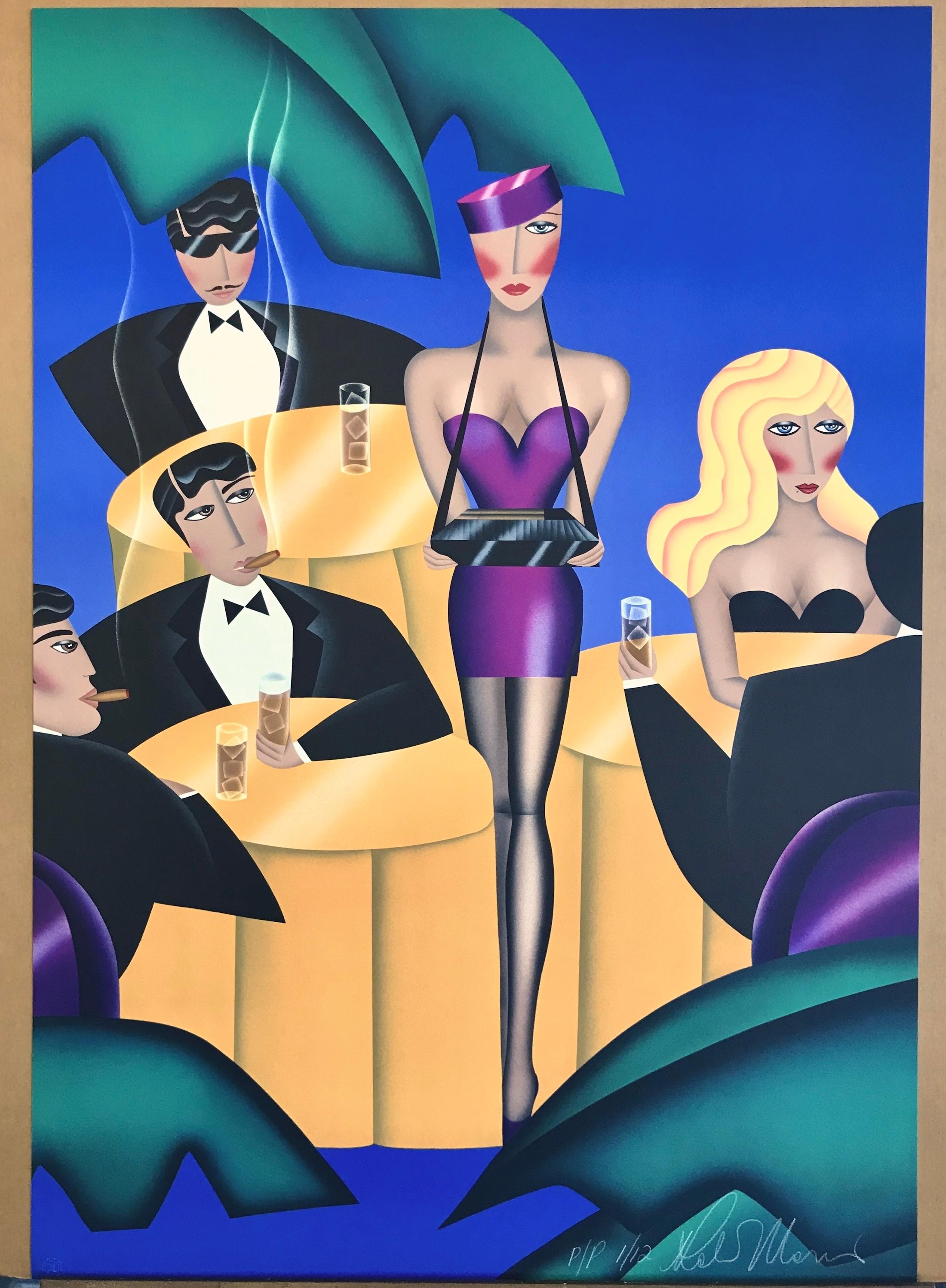 Lithographie signée CIGARS, CIGARETTES, Cigarette Girl, bleu, jaune, violet en vente 5