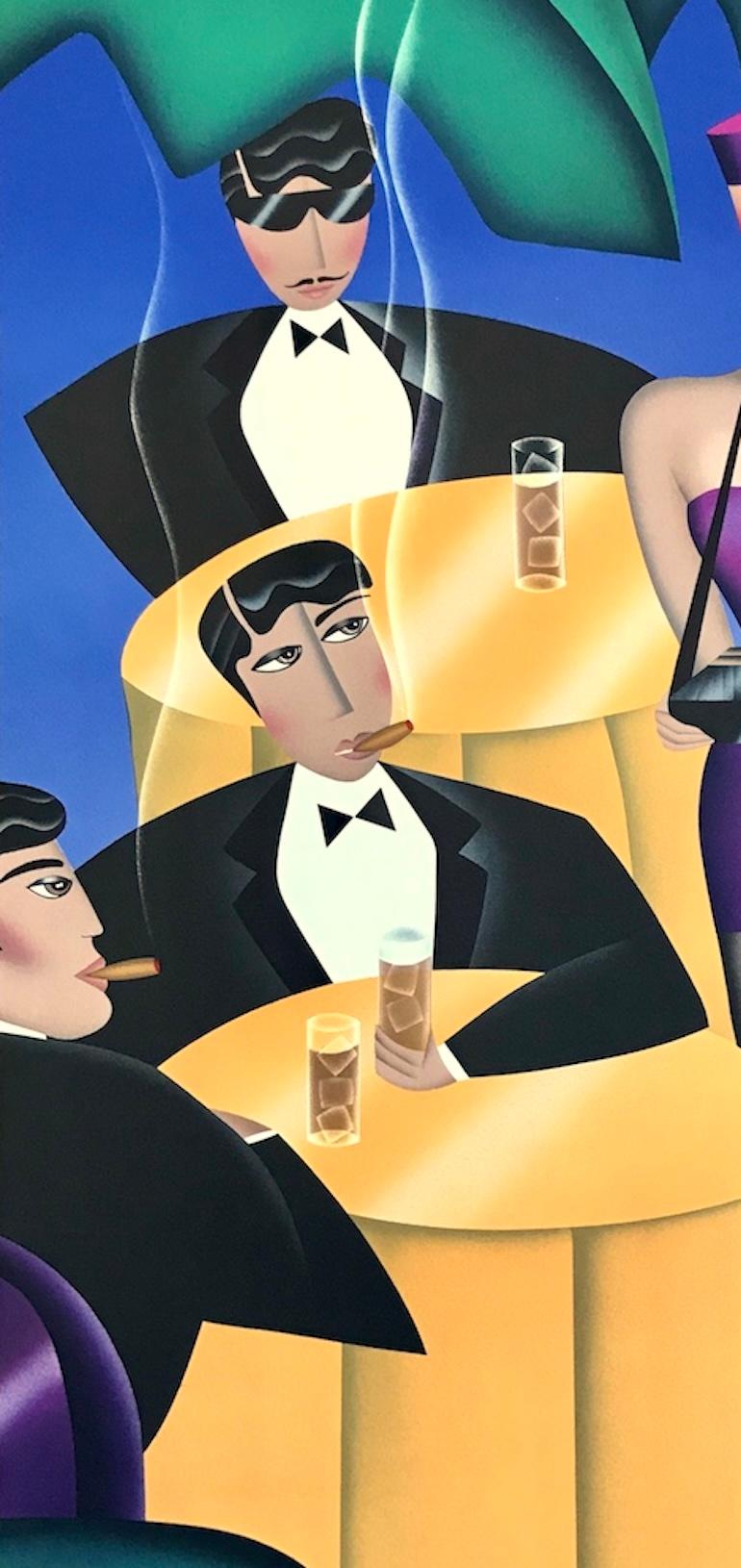 CIGARS, CIGARETTES Litografia firmata, Ragazza sigaretta, blu, giallo, viola - Print di Robin Morris