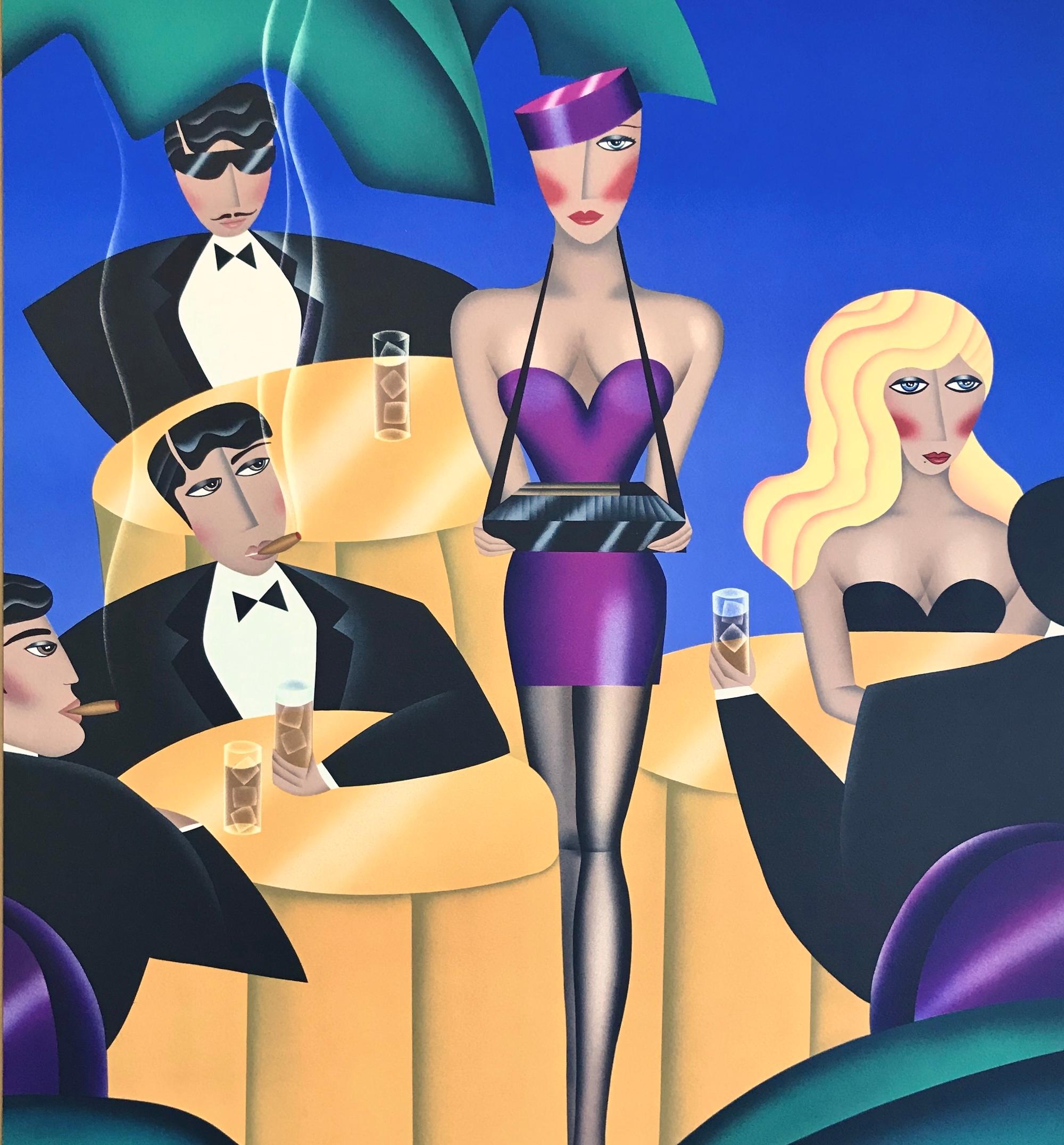 Lithographie signée CIGARS, CIGARETTES, Cigarette Girl, bleu, jaune, violet - Print de Robin Morris