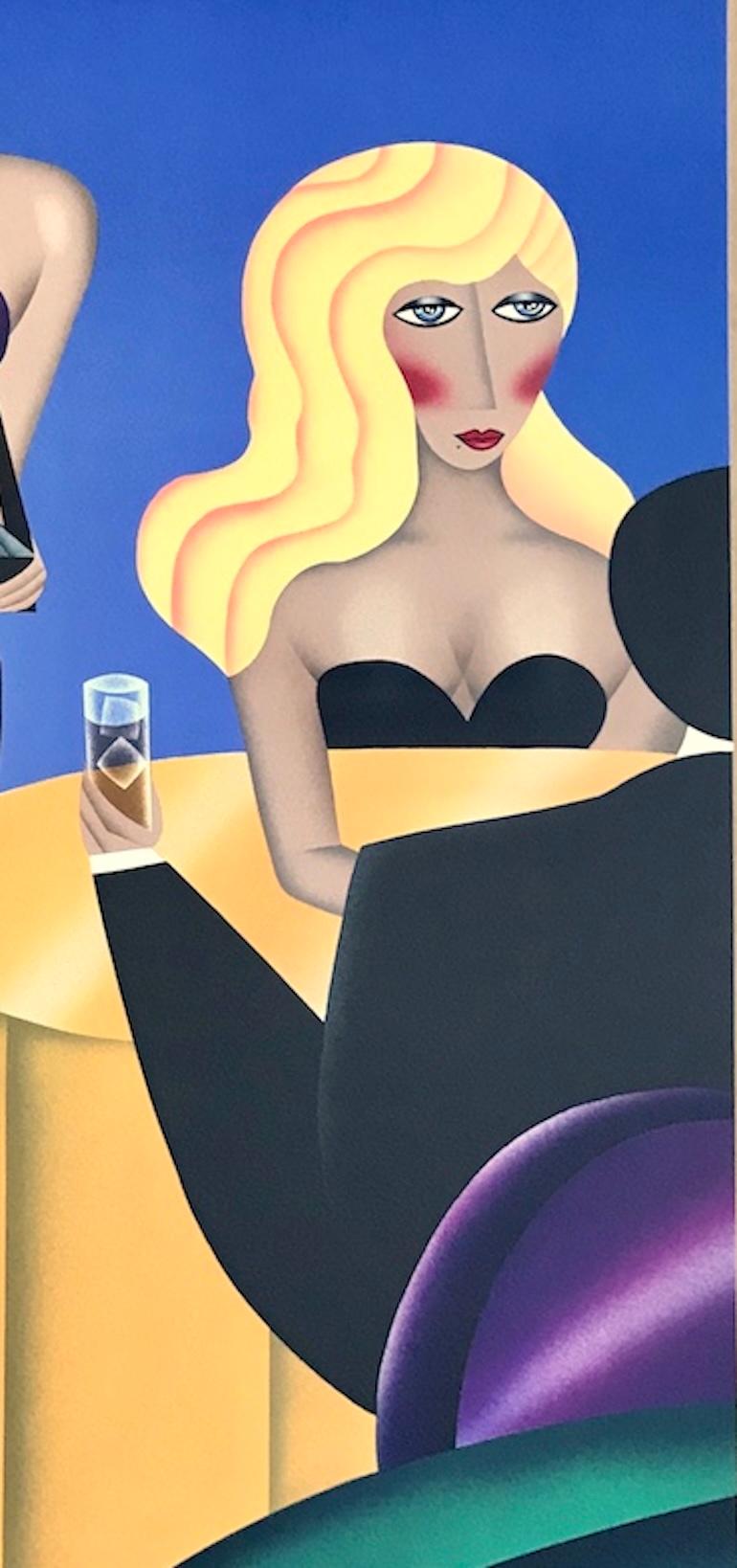 CIGARS, CIGARETTES Litografia firmata, Ragazza sigaretta, blu, giallo, viola - Print Art Déco di Robin Morris