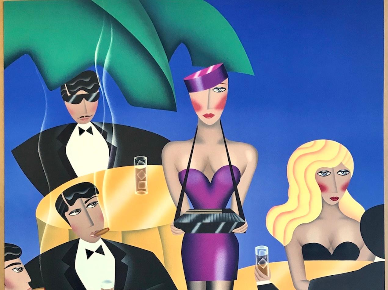 CIGARS, CIGARETTES Litografia firmata, Ragazza sigaretta, blu, giallo, viola in vendita 1