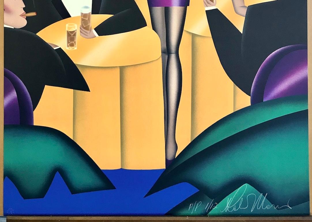 CIGARS, CIGARETTES Litografia firmata, Ragazza sigaretta, blu, giallo, viola in vendita 2