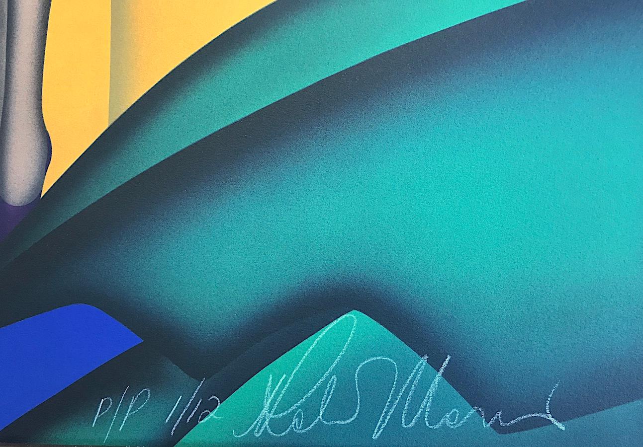 CIGARS, CIGARETTES Signierte Lithographie, Zigarettenmädchen, Blau, Gelb, Lila (Art déco), Print, von Robin Morris