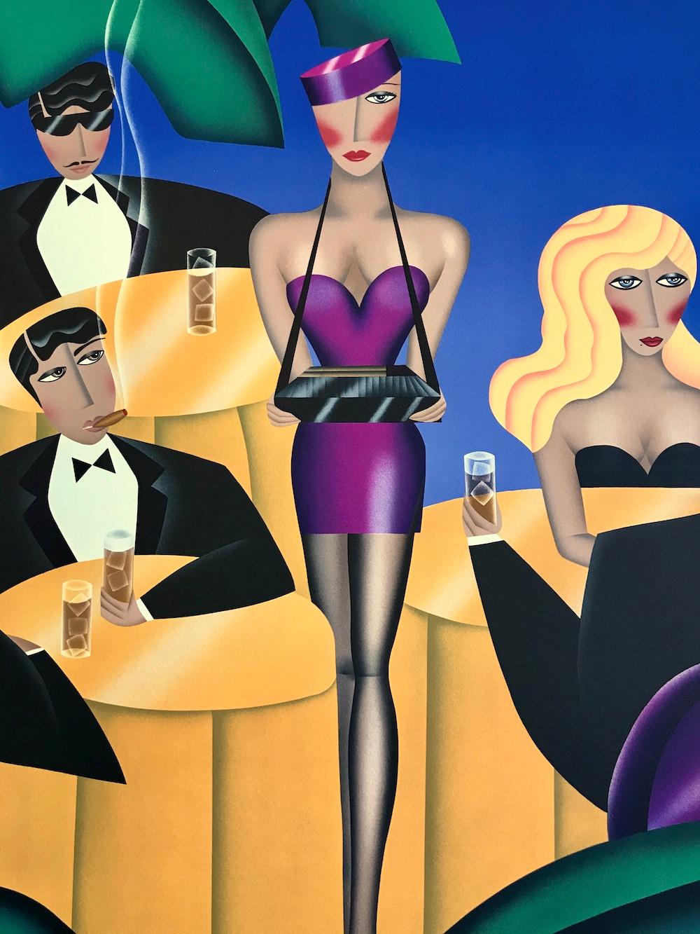 Robin Morris Portrait Print - CIGARS, CIGARETTES Signed Lithograph, Cigarette Girl, Blue, Yellow, Purple