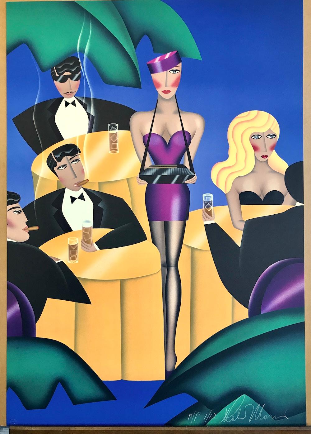 CIGARS, CIGARETTES Signed Lithograph, Cigarette Girl, Cigars, Cocktails - Purple Interior Print by Robin Morris