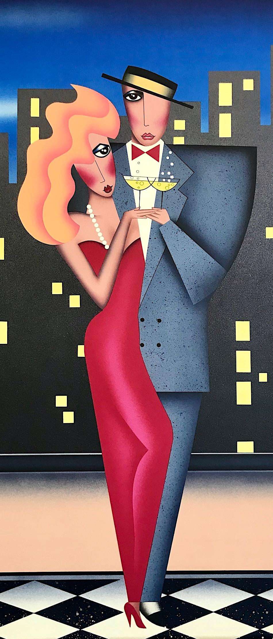 CITY LIGHTS Signed Lithograph, Date Night Couple Portrait, Red Gown, Champagne - Print by Robin Morris