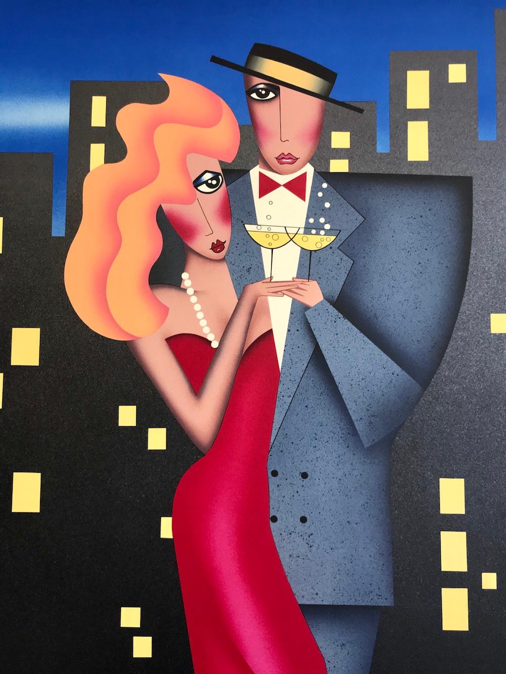 CITY LIGHTS Signed Lithograph, Date Night Couple Portrait, Red Gown, Champagne - Art Deco Print by Robin Morris