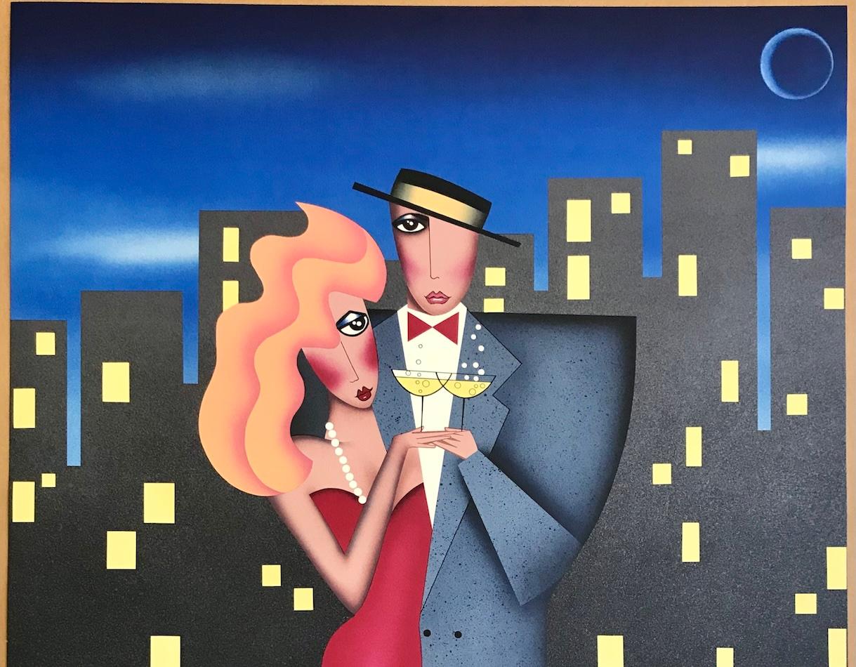 CITY LIGHTS Signed Lithograph, Date Night Couple Portrait, Red Gown, Champagne For Sale 1