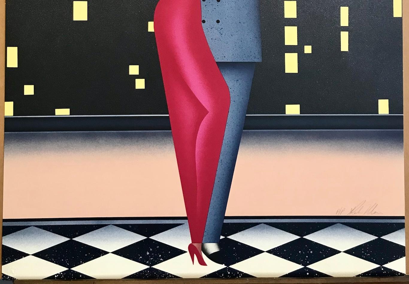 CITY LIGHTS Signed Lithograph, Date Night Couple Portrait, Red Gown, Champagne For Sale 2