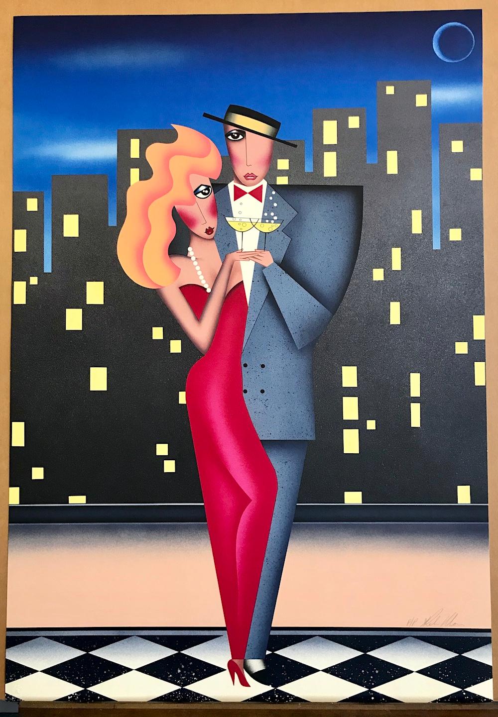 CITY LIGHTS Signed Lithograph, Date Night Couple Portrait, Red Gown, Champagne For Sale 3