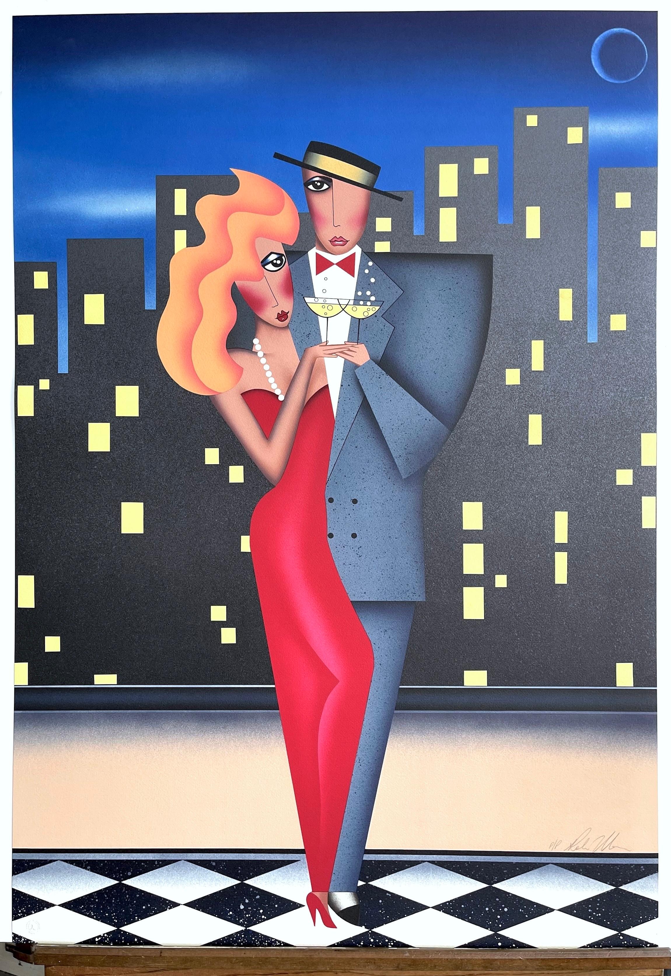 CITY LIGHTS Signed Lithograph, Date Night Couple Portrait, Red Gown, Champagne For Sale 3
