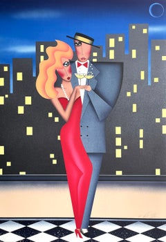 Lithographie signée CITY LIGHTS, portrait de couple pour un rendez-vous galant, robe rouge, champagne