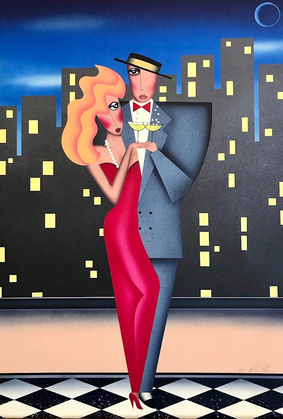 Robin Morris Portrait Print – CITY LIGHTS Signierte Lithographie, City Couple Portrait, Kariertes Boden, Champagner