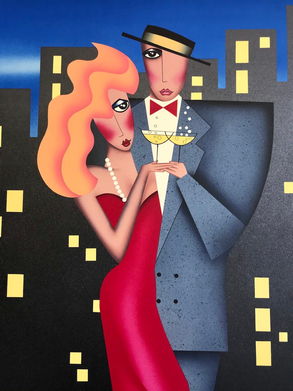 CITY LIGHTS Signed Lithograph, City Couple Portrait, Date Night, Champagne - Print by Robin Morris