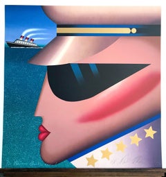 COMMODORE Signed Lithograph, Ship Officer Portrait Uniform Sunglasses Gold Stars