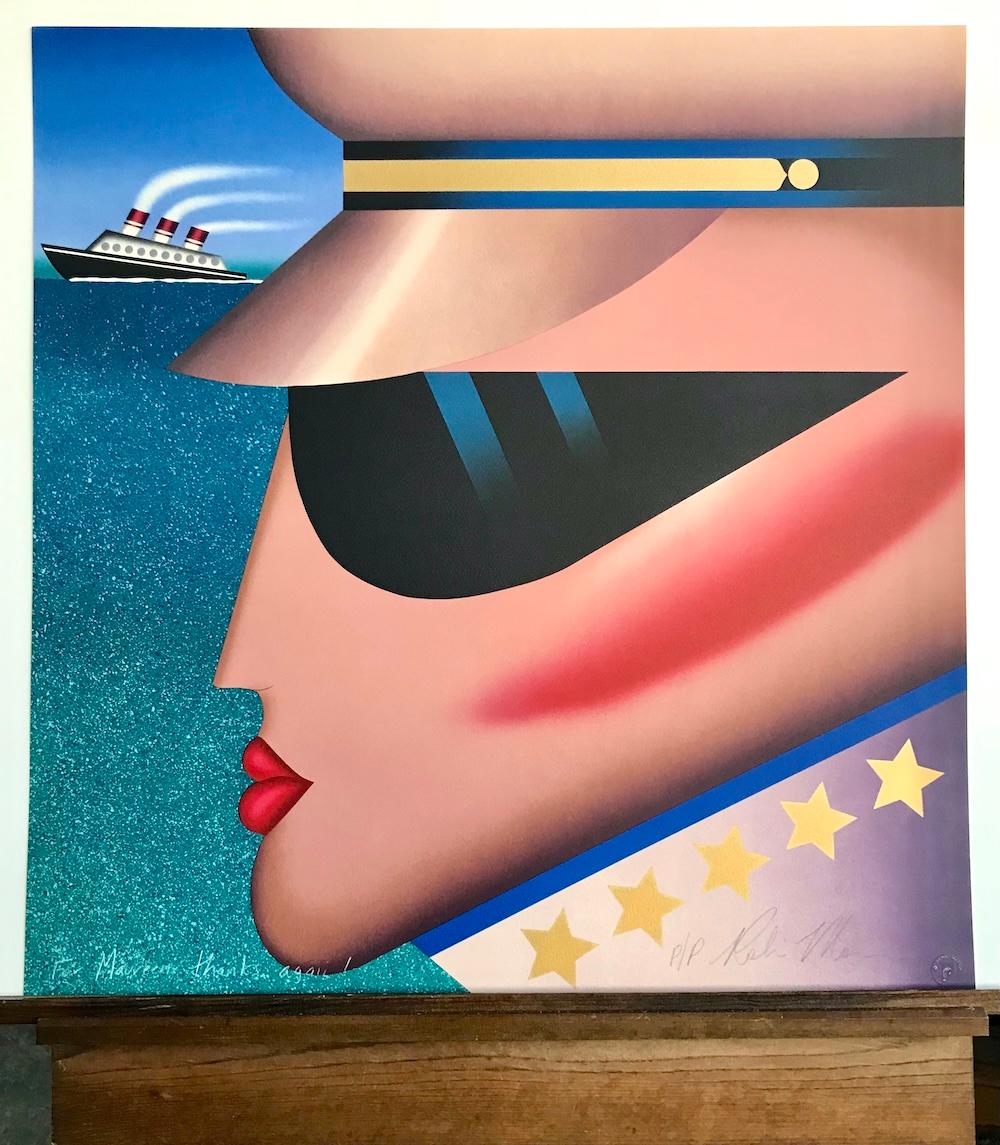 COMMODORE Signed Lithograph, Ship Officer Portrait Uniform Sunglasses Gold Stars For Sale 3