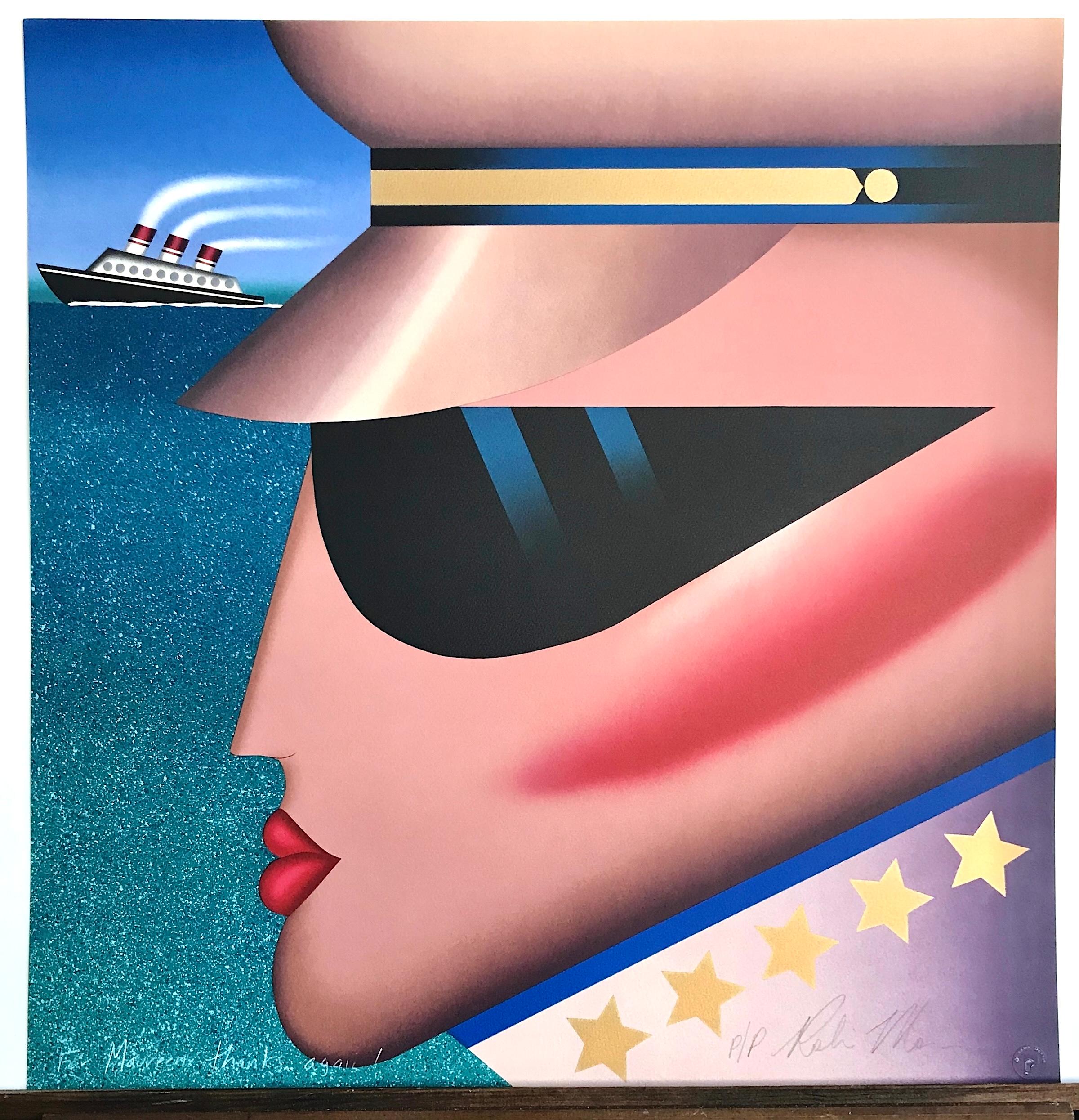 Lithographie signée COMMODORE, lunettes de soleil de portrait d'officier de navire avec étoiles dorées en vente 3