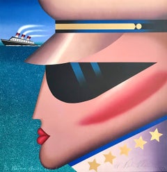 Lithographie signée COMMODORE, lunettes de soleil de portrait d'officier de navire avec étoiles dorées