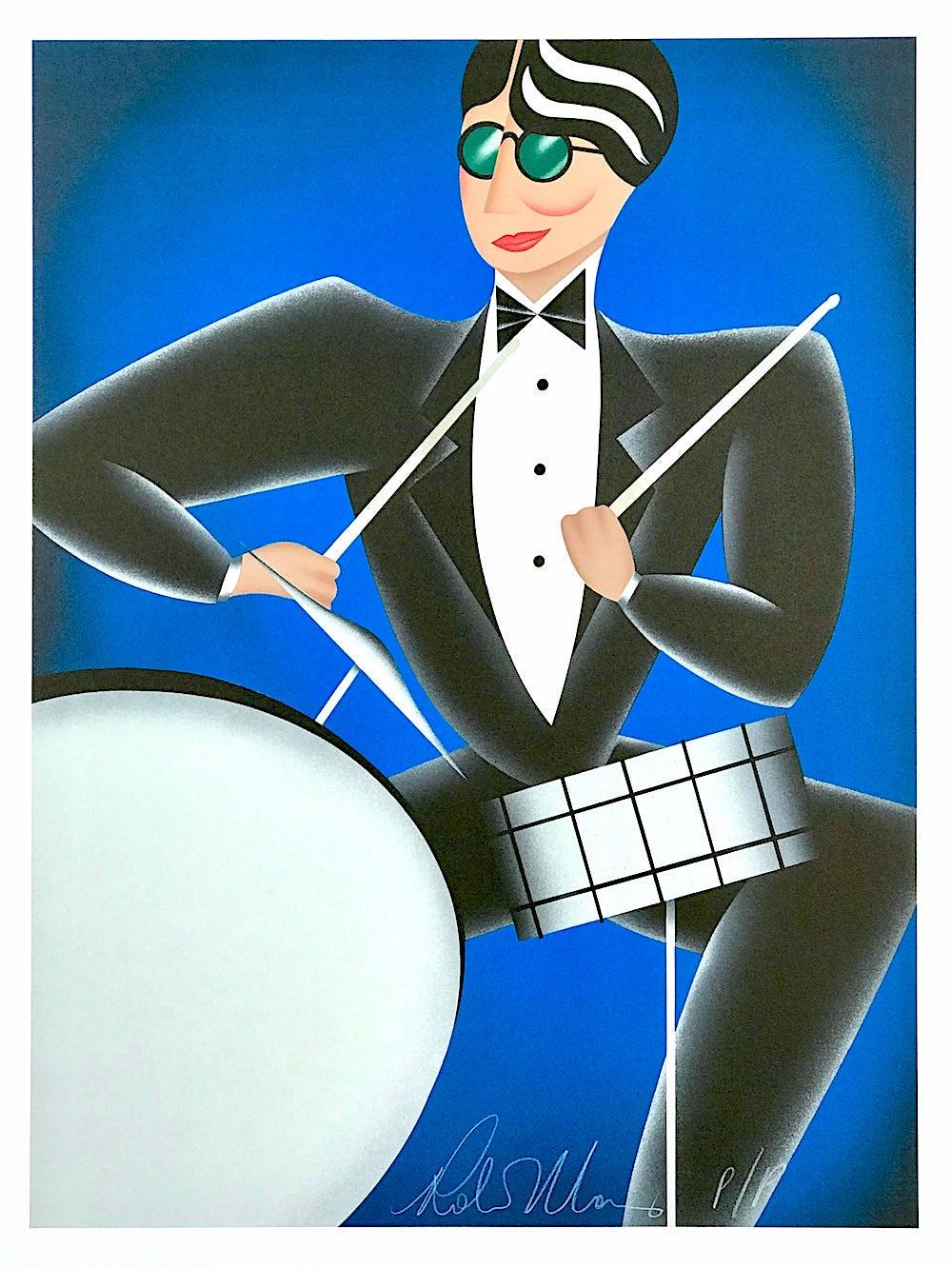 COOL BLUE Signed Lithograph, Modern Art Deco Portrait, Drummer, Jazz, Music - Print di Robin Morris