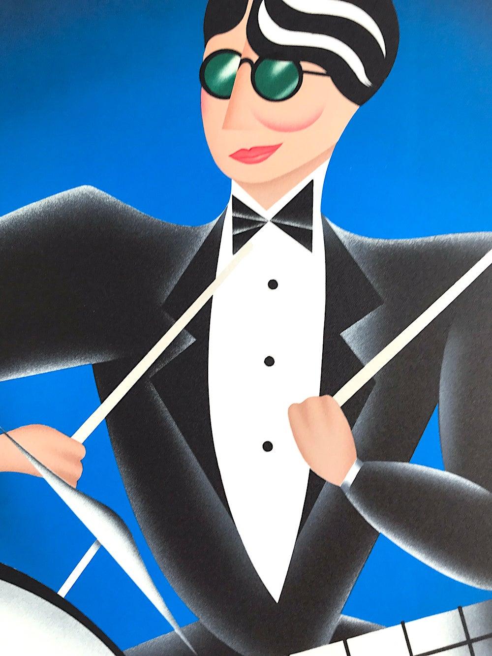 COOL BLUE Signed Lithograph, Modern Art Deco Portrait, Drummer, Jazz, Music - Print Art Déco di Robin Morris
