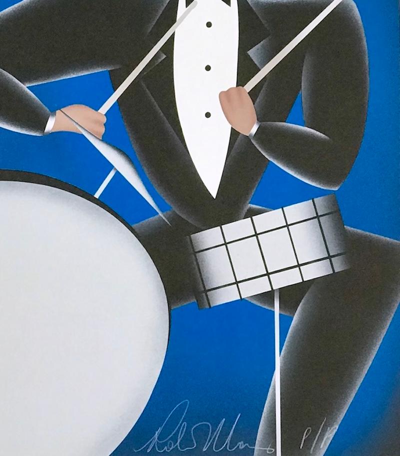 COOL BLUE Signed Lithograph, Modern Art Deco Portrait, Drummer, Jazz, Music - Portrait Print Blu di Robin Morris