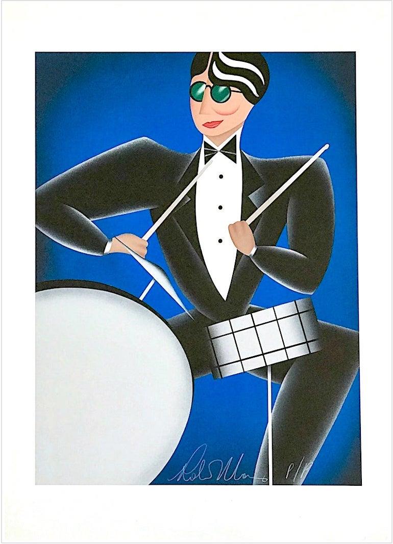 COOL BLUE is an original, handmade, limited edition lithograph by the woman artist Robin Morris printed using hand lithography techniques on archival Coventry paper, 100% acid free. Ms. Morris utilizes her characteristic Art Deco style in creating