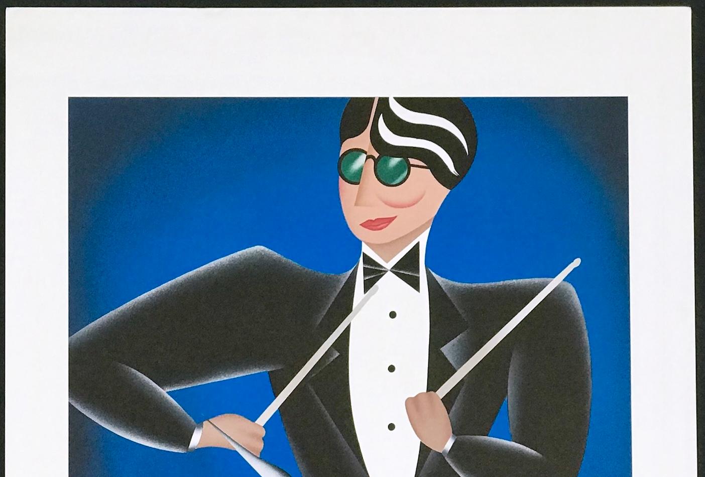 COOL BLUE Signed Lithograph, Modern Art Deco Portrait, Drummer, Jazz, Music in vendita 1
