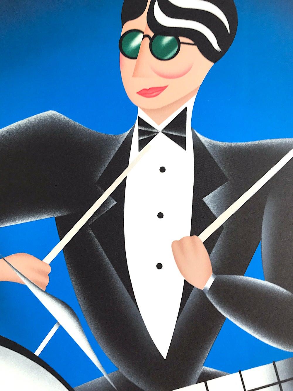 COOL BLUE Signed Lithograph, Modern Art Deco Portrait, Drums Jazz Music - Print by Robin Morris