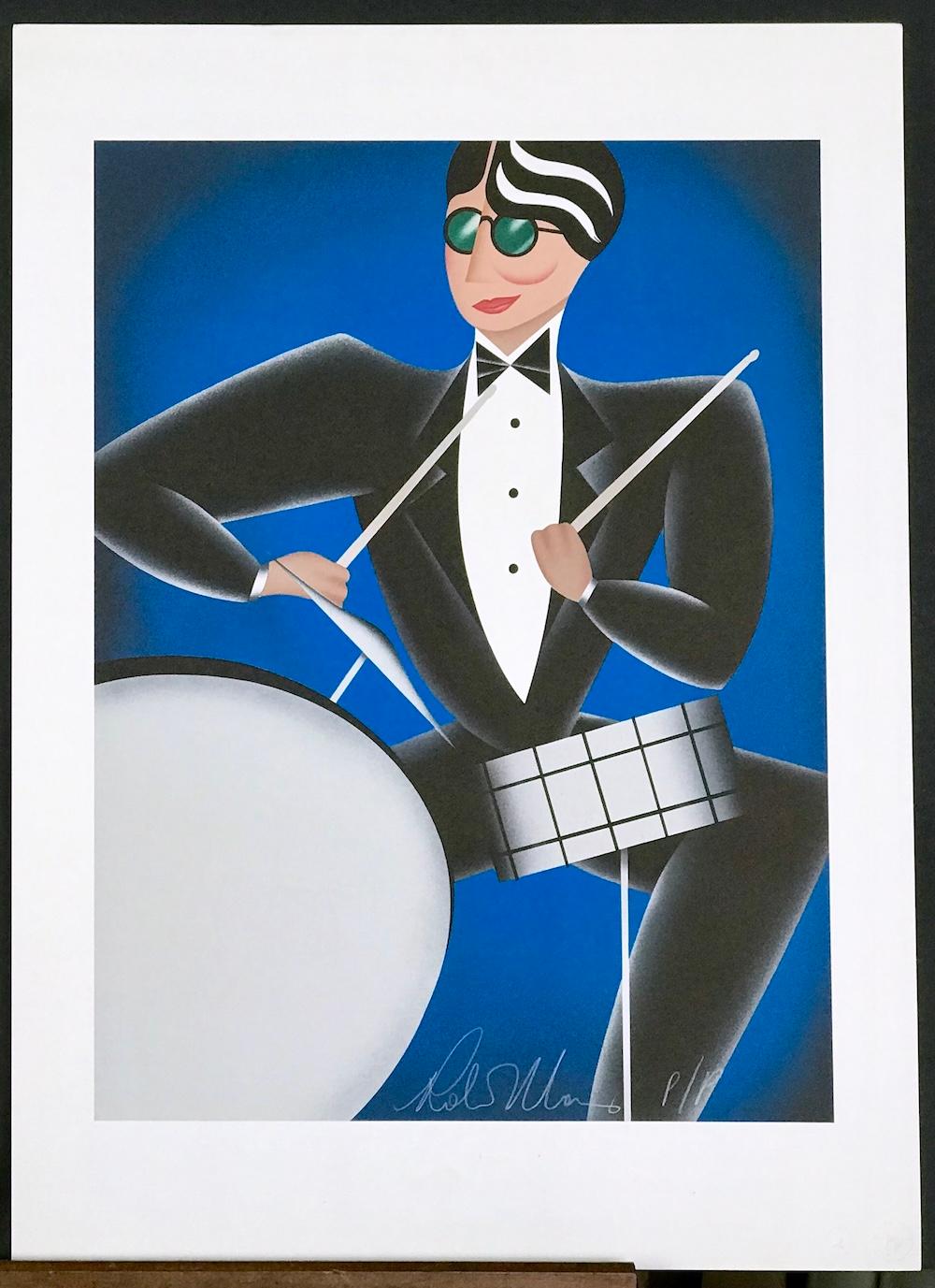 COOL BLUE Litografía firmada, Retrato Art Decó Moderno, Batería Música Jazz en venta 4