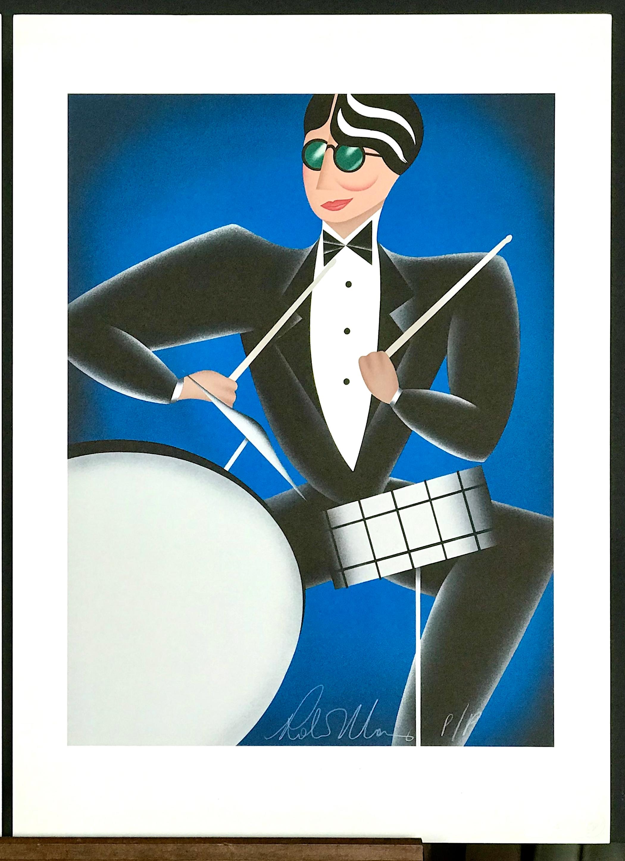 Lithographie signéeOOL BLUE, portrait Art déco moderne, tambours jazz musique en vente 4