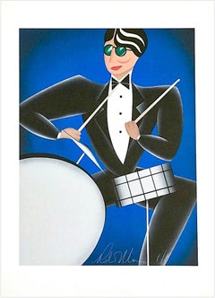 Vintage COOL BLUE Signed Lithograph, Modern Art Deco Portrait, Drums Jazz Music