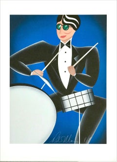 COOL BLUE Signed Lithograph, Modern Art Deco Portrait, Drums Jazz Music