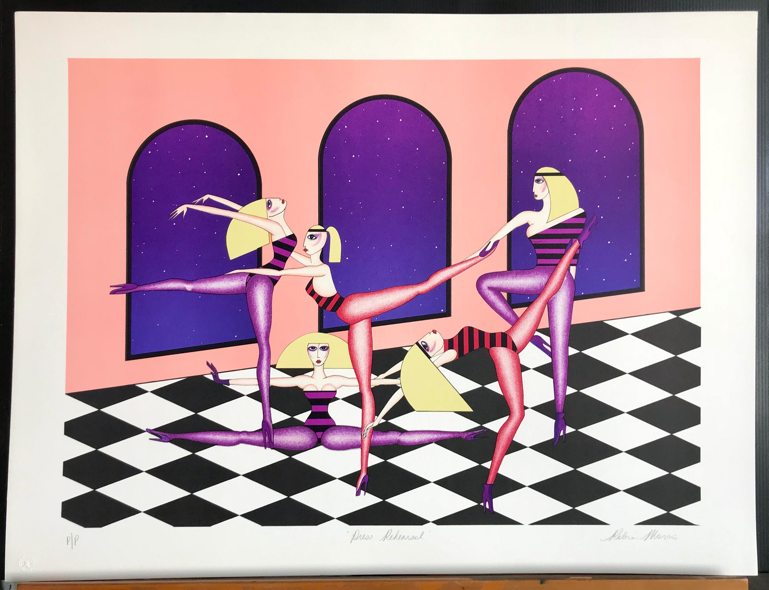 Lithographie signée DRESS REHEARsal, danseurs, murs roses, sol à carreaux en vente 5