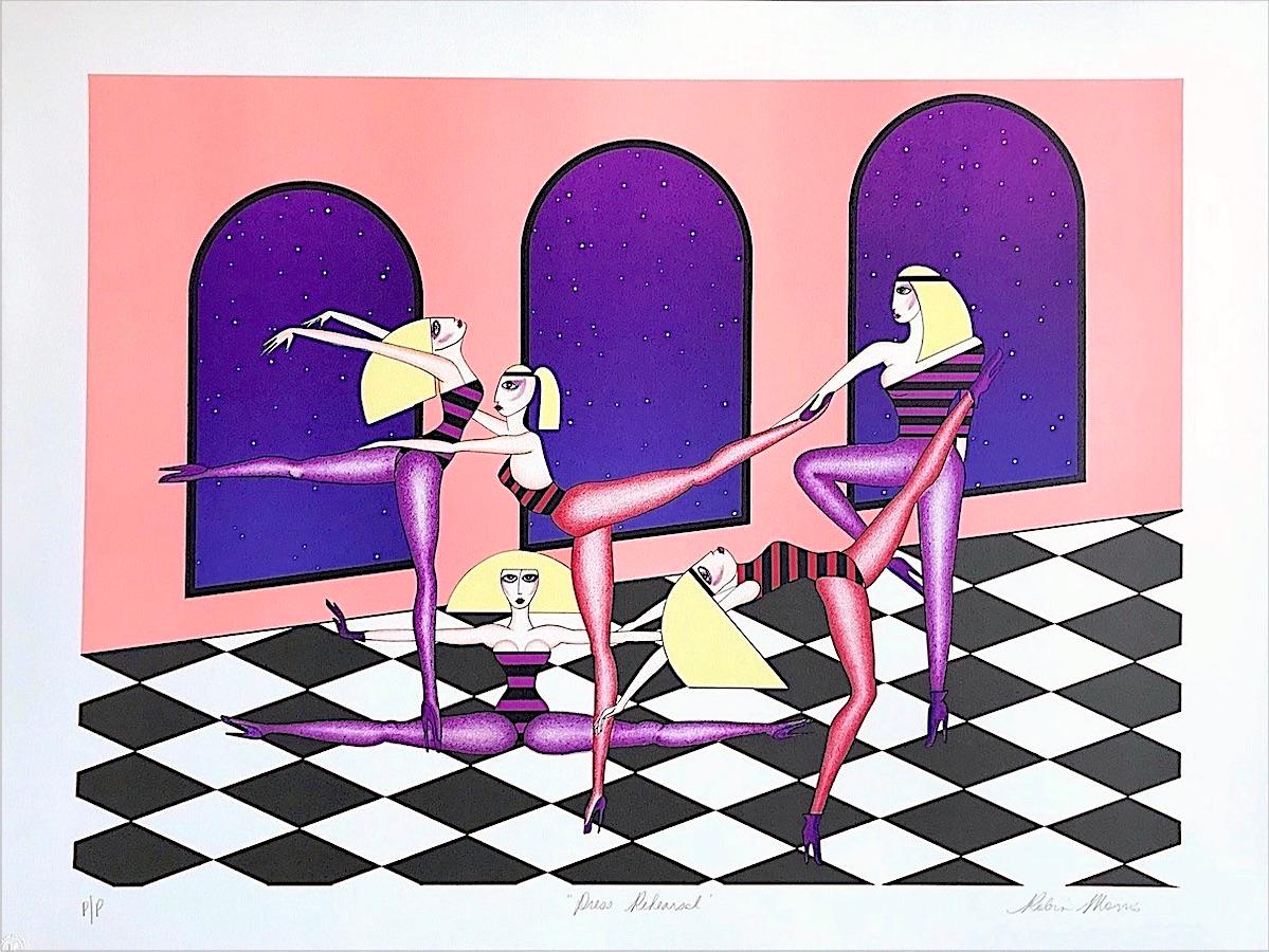 DRESS REHEARSAL Signed Lithograph, Dancers, Pink Walls Checkered Floor - Print by Robin Morris