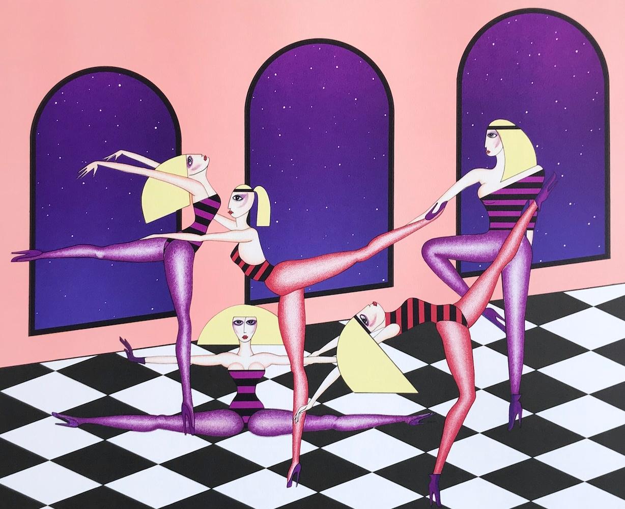 DRESS REHEARSAL Litografia firmata, ballerine, pareti rosa pavimento a scacchi - Figurative Print Arancia di Robin Morris