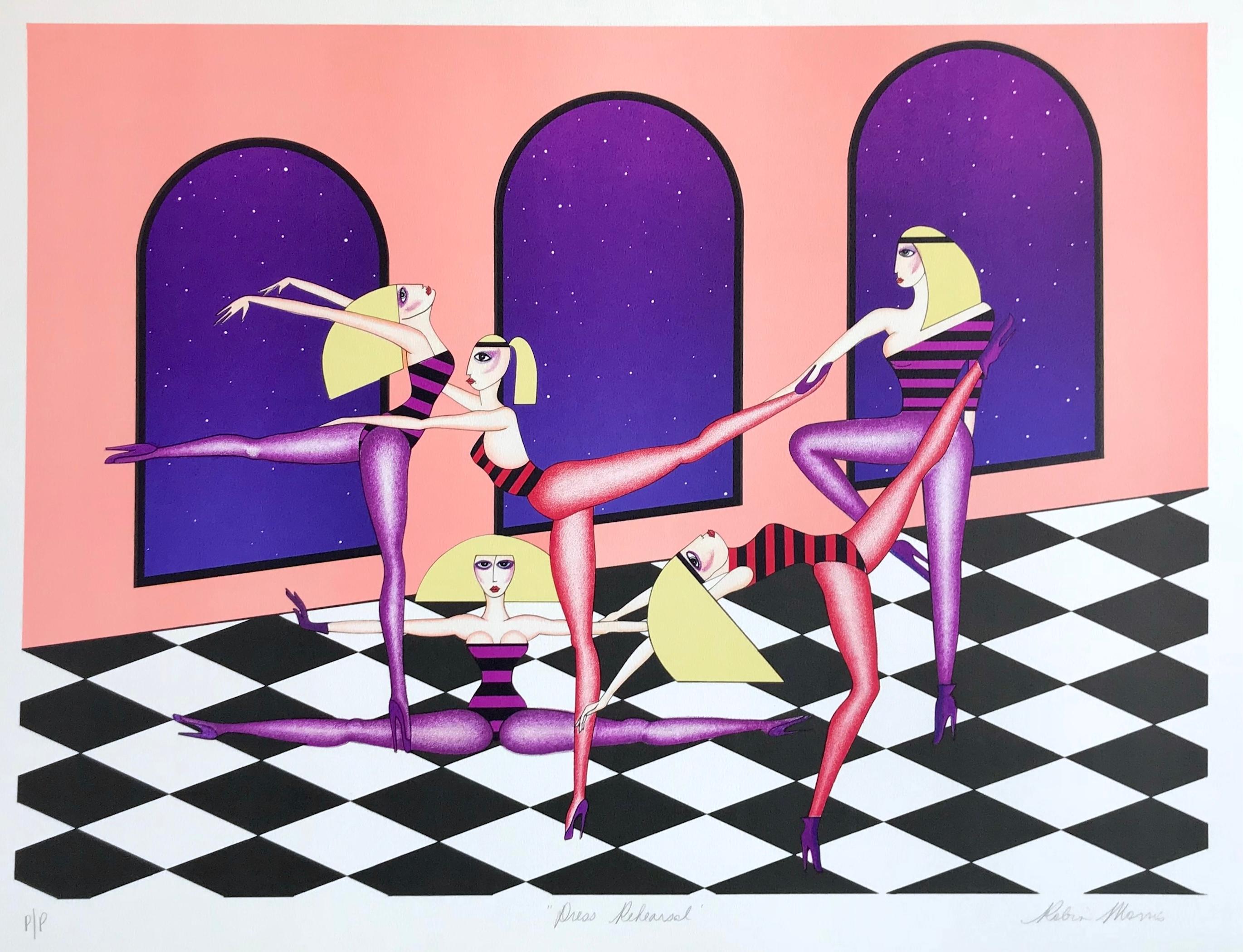 Lithographie signée DRESS REHEARsal, danseurs, murs roses, sol à carreaux