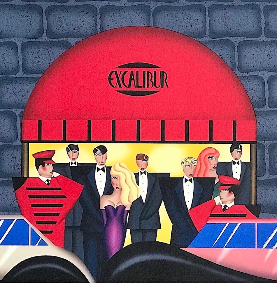 EXCALIBUR Signierte Lithographie, Nachtclub-Szene, Luxus Classic Cars (Art déco), Print, von Robin Morris