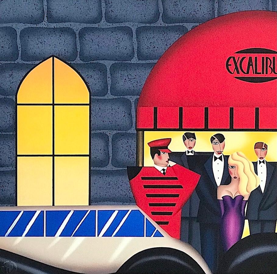 EXCALIBUR Signierte Lithographie, Nachtclub-Szene, Luxus Classic Cars (Blau), Portrait Print, von Robin Morris