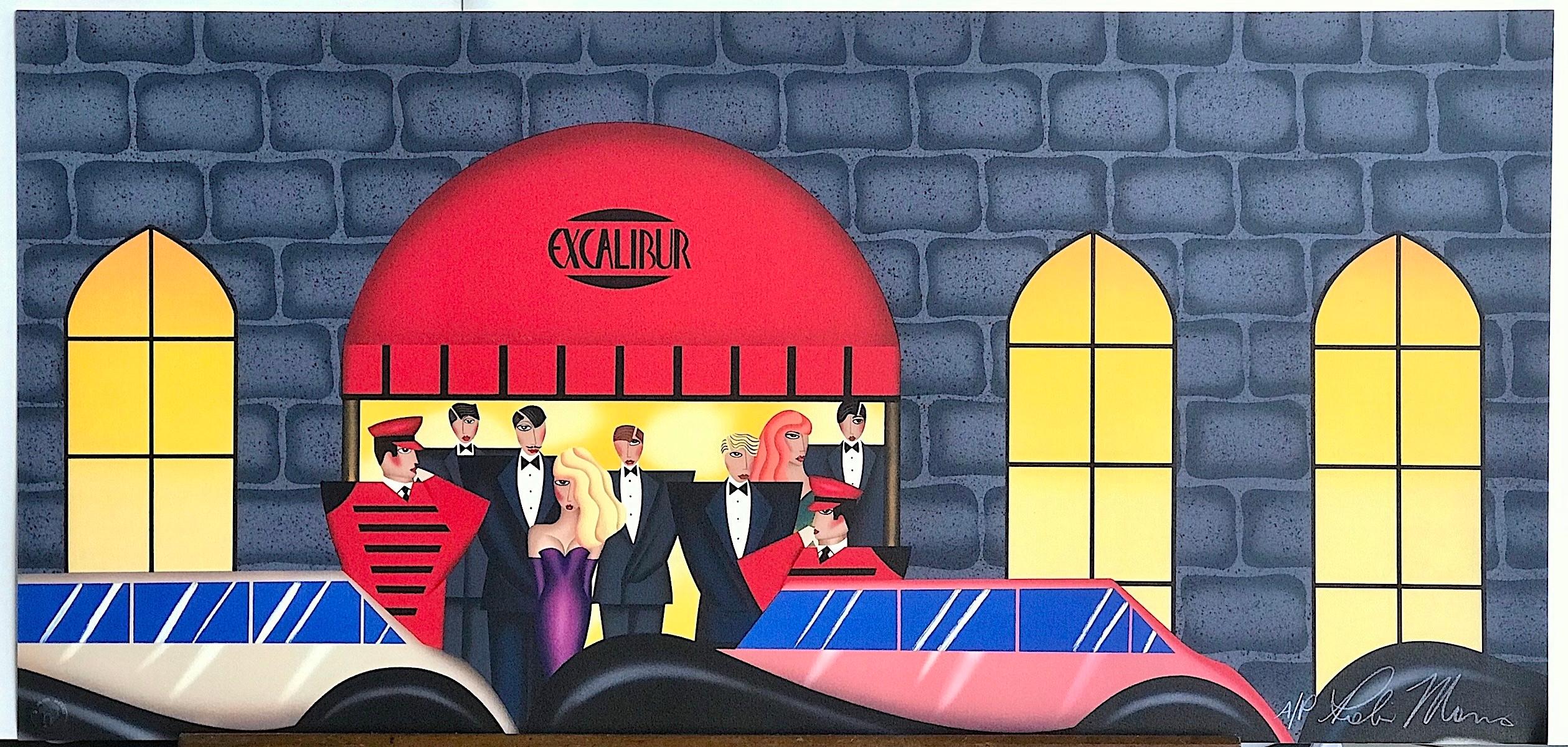 EXCALIBUR von der Künstlerin Robin Morris ist eine Original-Lithografie in limitierter Auflage, gedruckt in 15 Farben im Handlithografie-Verfahren auf archivfähigem Arches-Papier, 100% säurefrei. EXCALIBUR ist eine moderne Nachtclubszene im