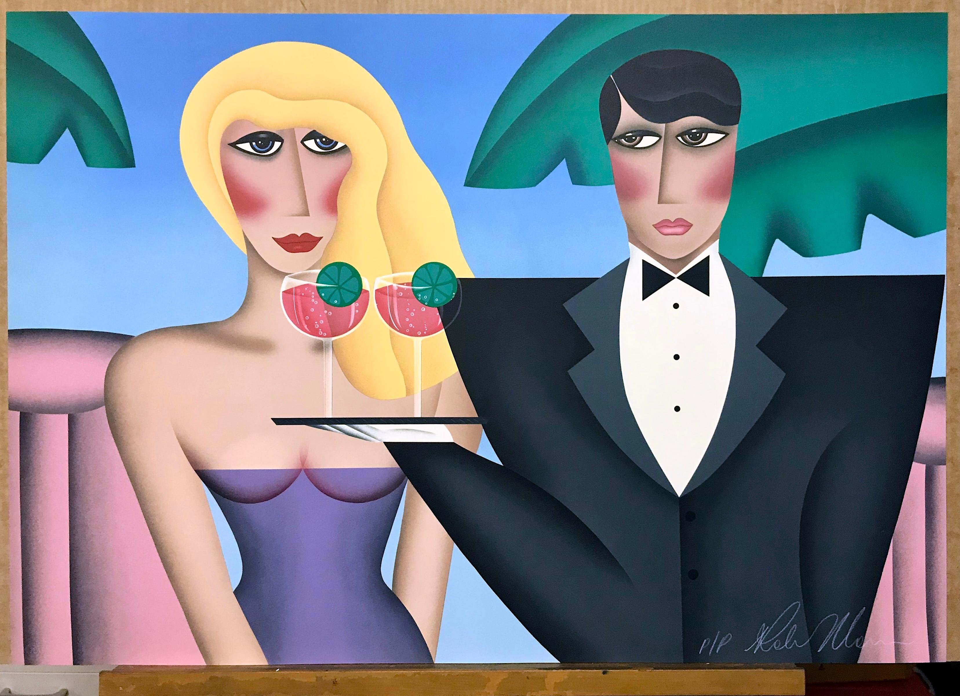 FIRST TO ARRIVE Signierte Lithographie, Blonde Frau, Kellnerin, Rosa Cocktail Limonenschale im Angebot 3