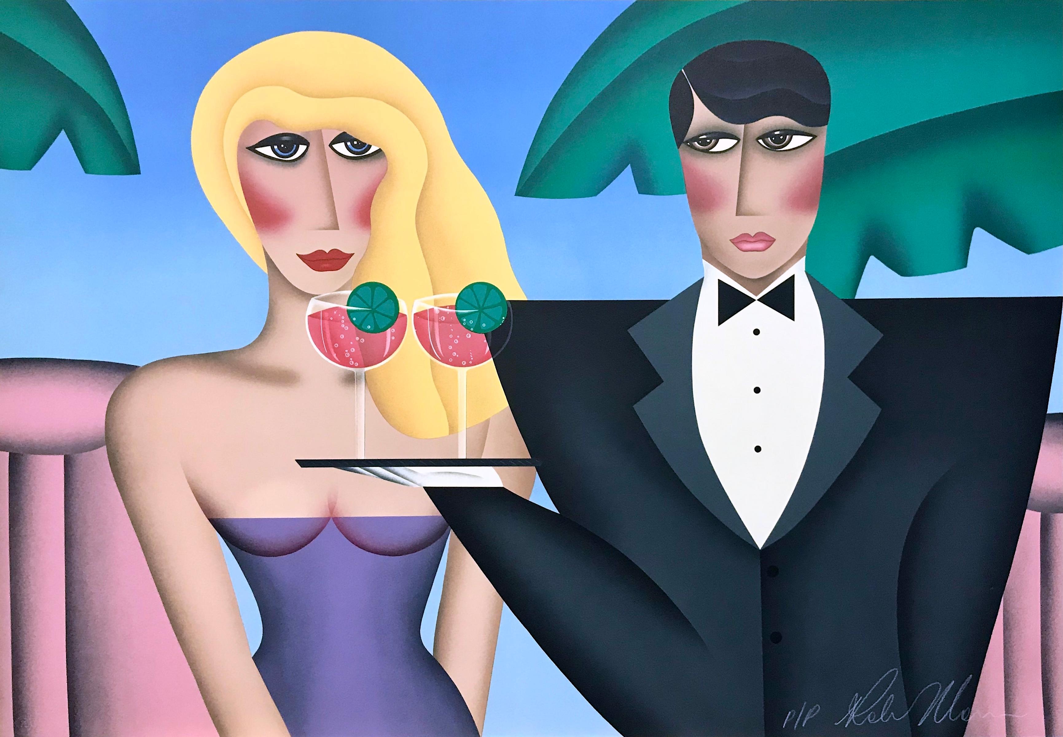 Lithographie signée, femme blonde, serveur, cocktail rose