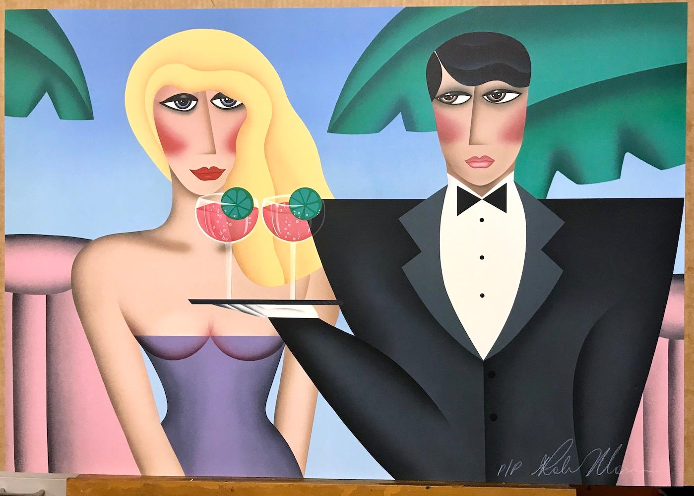 FIRST TO ARRIVE Signed Lithograph, Blonde Woman, Waiter, Pink Cocktail w Lime - Art Deco Print by Robin Morris