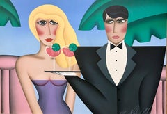FIRST TO ARRIVE Signed Lithograph, Blonde Woman, Waiter, Pink Cocktail w Lime