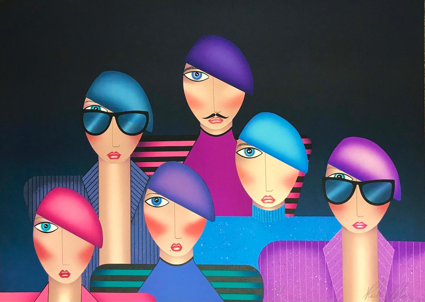 Robin Morris Portrait Print - FRANÇOIS AND A FEW FRIENDS Signed Lithograph Group Fashion Portrait Beret Hats 