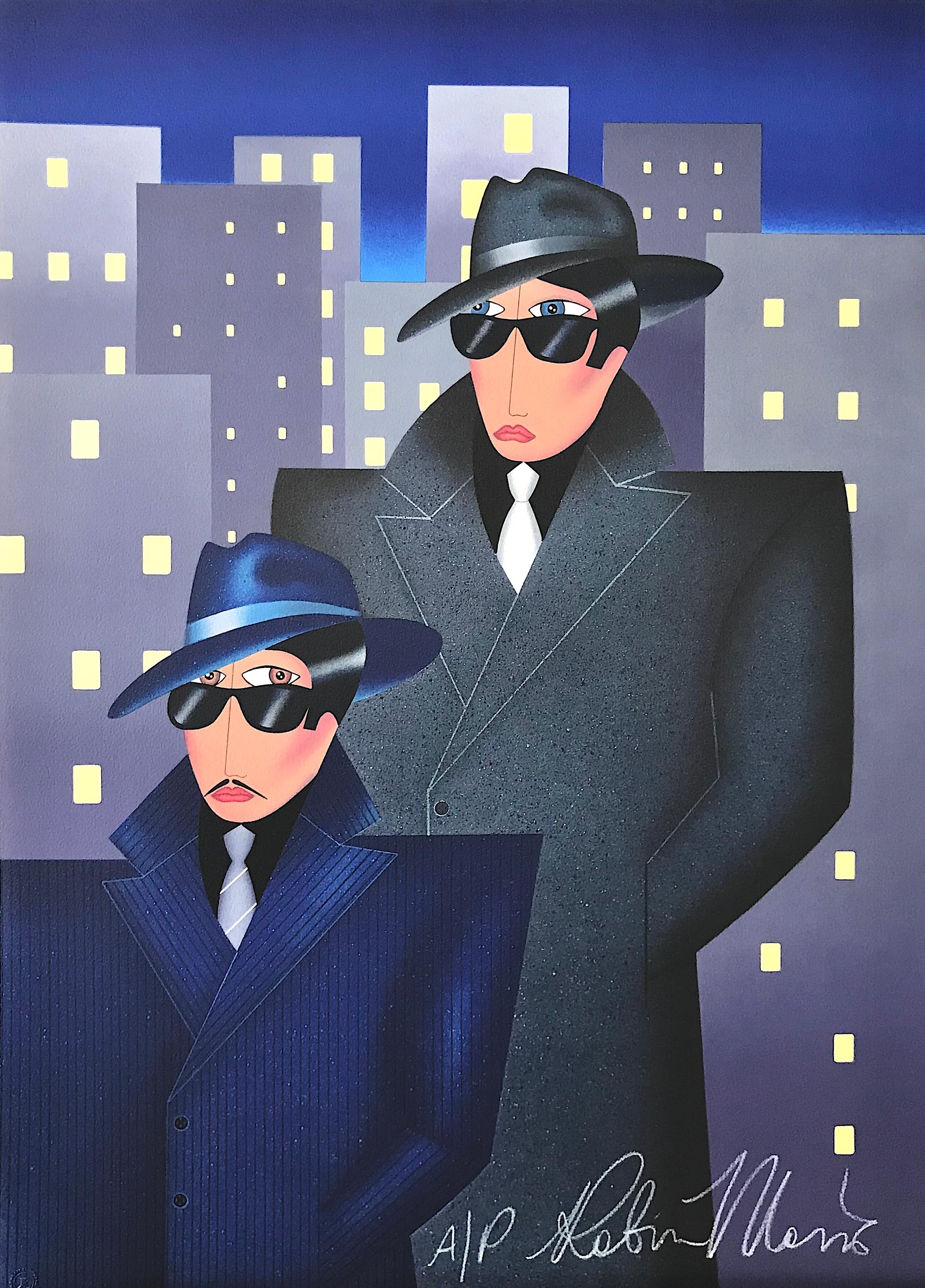 Lithographie signée GANGSTERS, portrait de ville, hommes, bâtiments, lunettes de soleil foncées