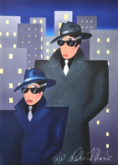 Lithographie signée GANGSTERS, portrait de ville, hommes, bâtiments, lunettes de soleil foncées