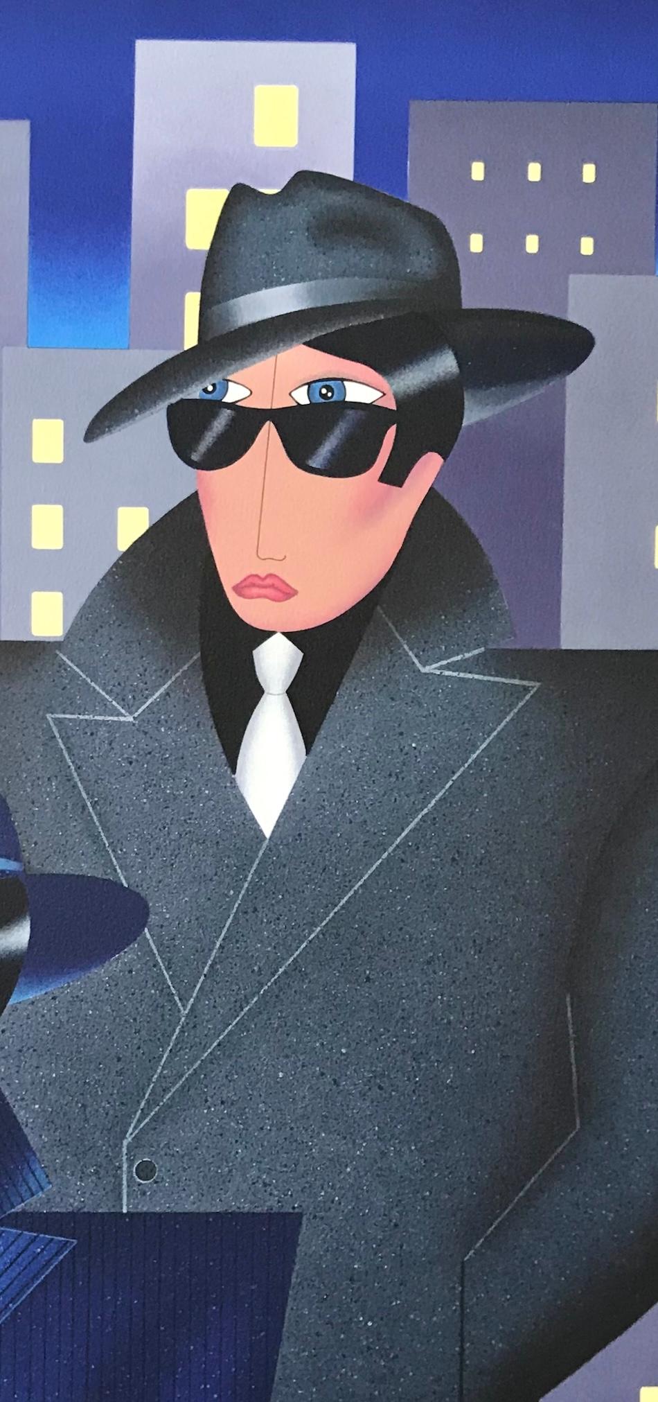 GANGSTERS Litografia firmata, Ritratto di città, Uomini, Edifici, Occhiali da sole scuri - Portrait Print Blu di Robin Morris