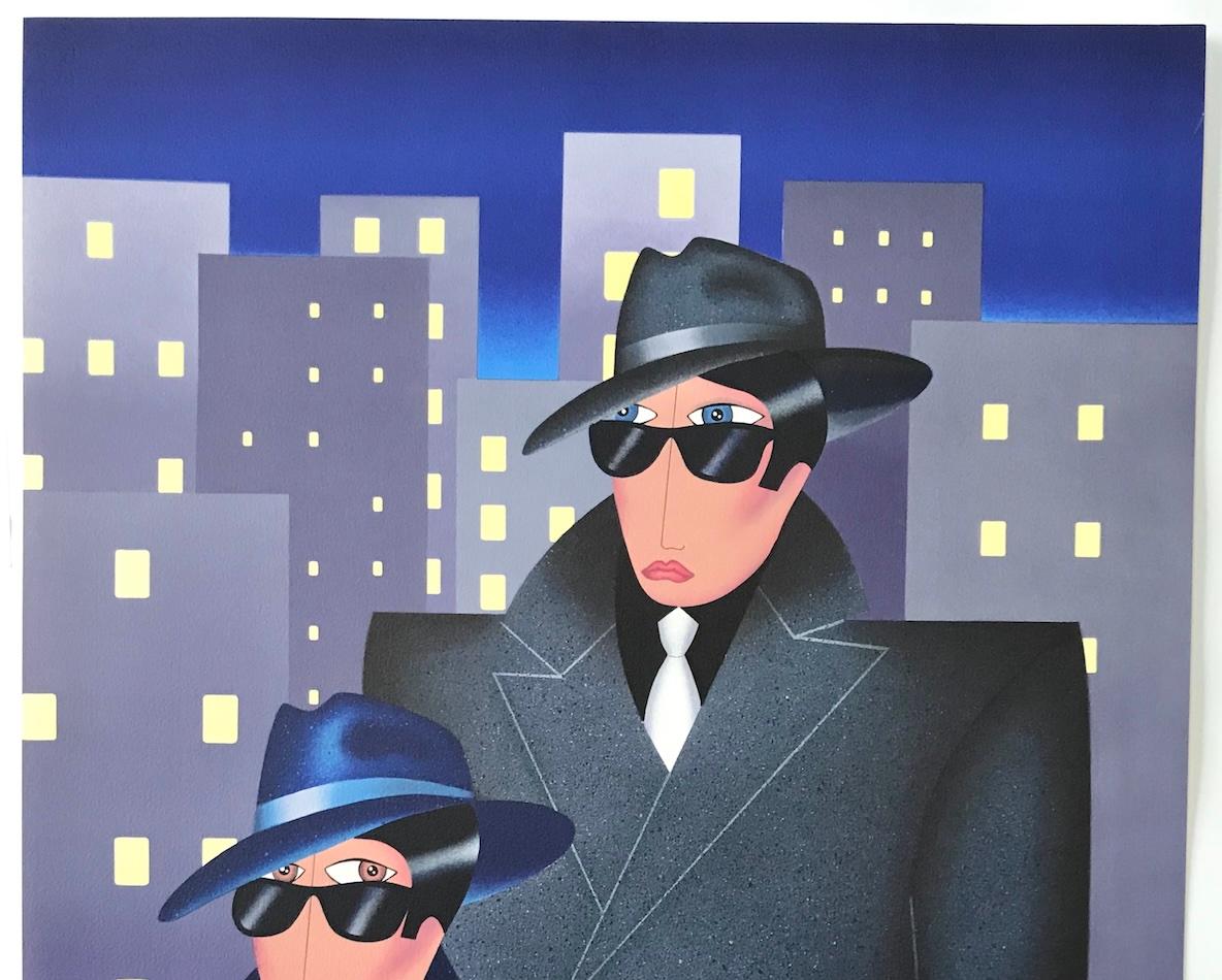 GANGSTERS Litografia firmata, Ritratto di città, Uomini, Edifici, Occhiali da sole scuri in vendita 2